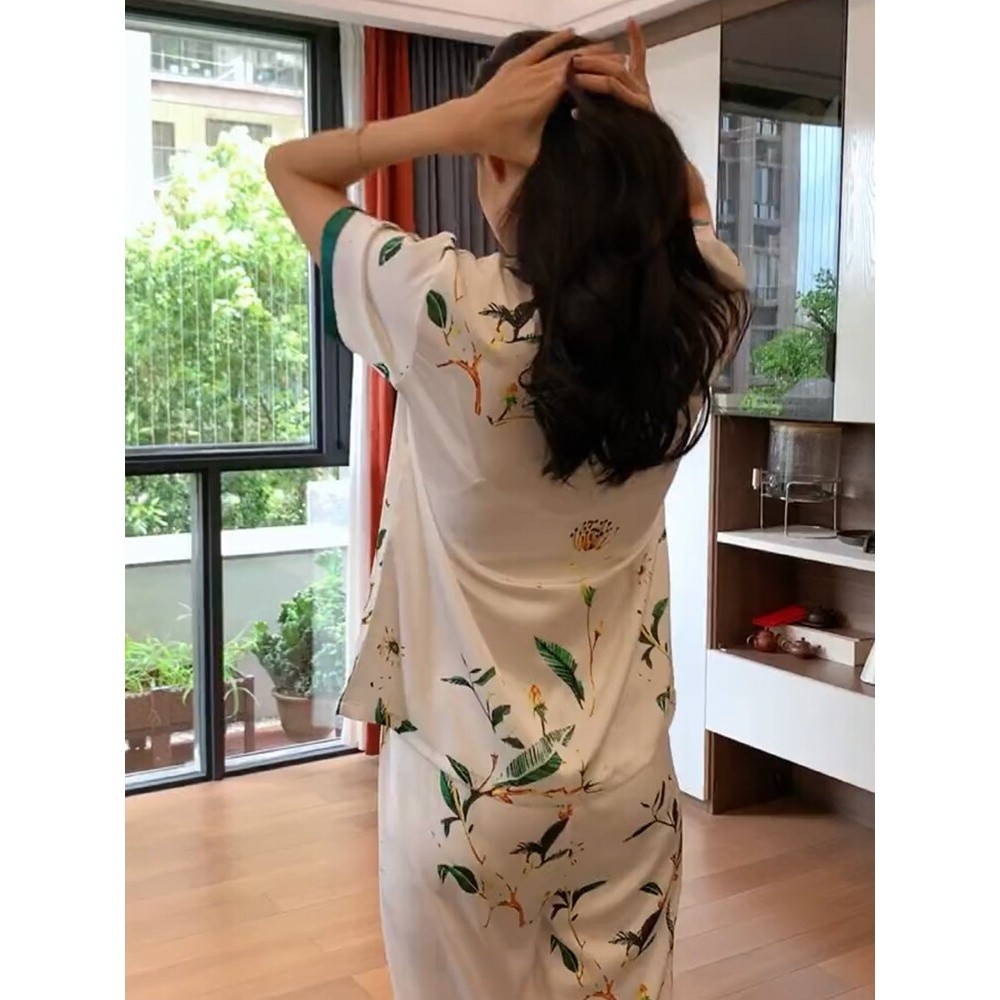 夏季冰絲睡衣女短袖短褲長褲三件套中年女士絲綢套頭家居服LS9004-細節圖3