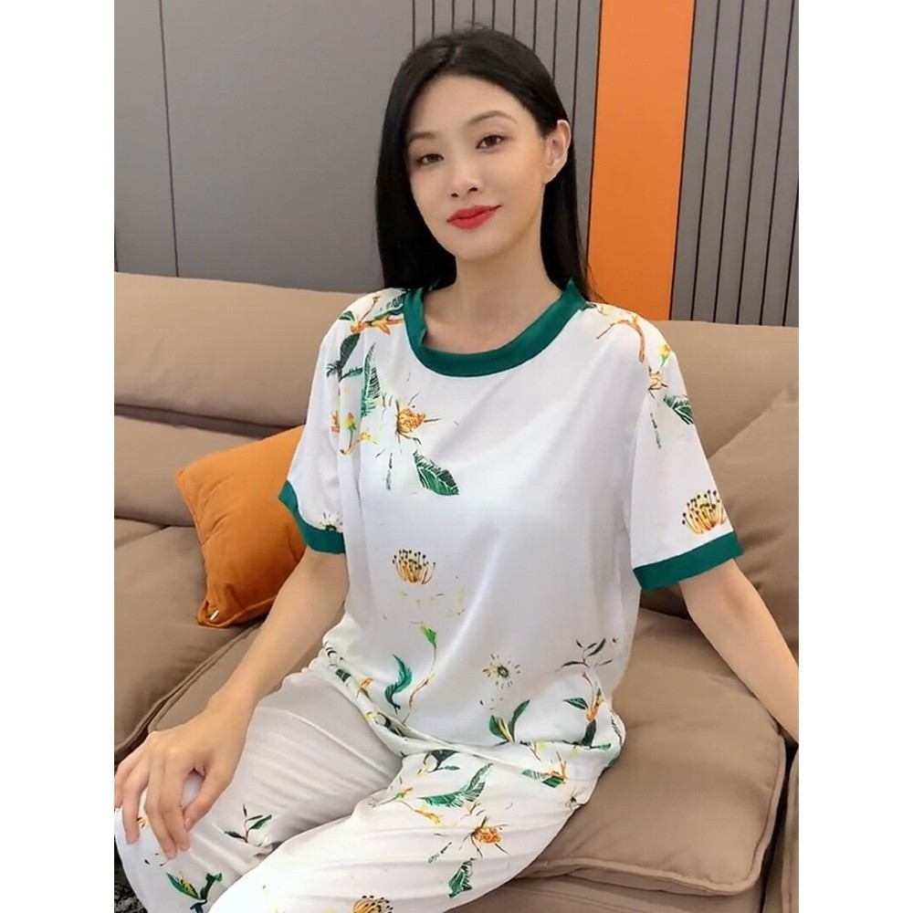 夏季冰絲睡衣女短袖短褲長褲三件套中年女士絲綢套頭家居服LS9004-細節圖4