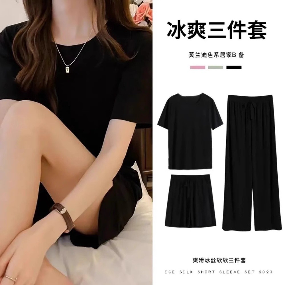 女士冰絲睡衣三件套2025短袖T恤薄款夏季長褲寬鬆可外穿家居套裝-細節圖3
