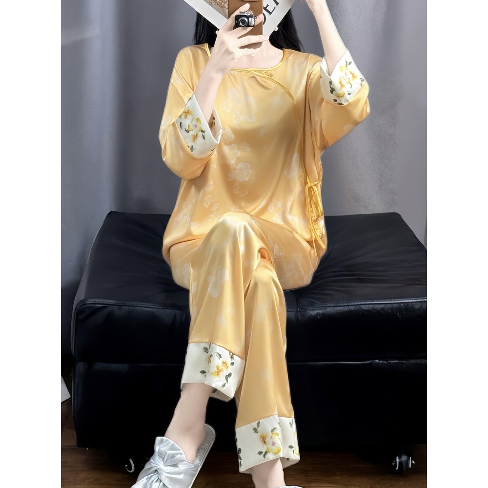 新中式國風提花冰絲睡衣女士圓領顯瘦高階感舒適家居服套裝可外穿-細節圖2