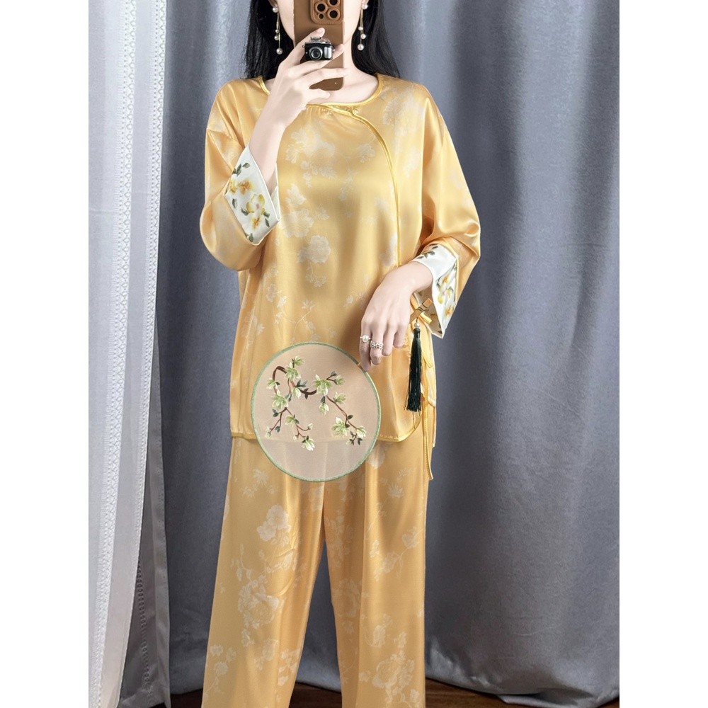新中式國風提花冰絲睡衣女士圓領顯瘦高階感舒適家居服套裝可外穿-細節圖3