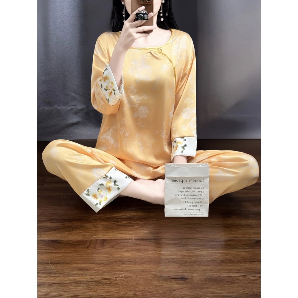 新中式國風提花冰絲睡衣女士圓領顯瘦高階感舒適家居服套裝可外穿-細節圖4