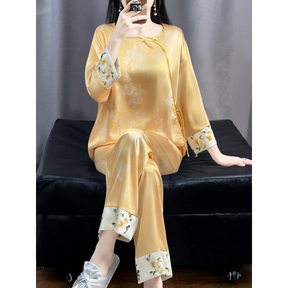 新中式國風提花冰絲睡衣女士圓領顯瘦高階感舒適家居服套裝可外穿-細節圖5