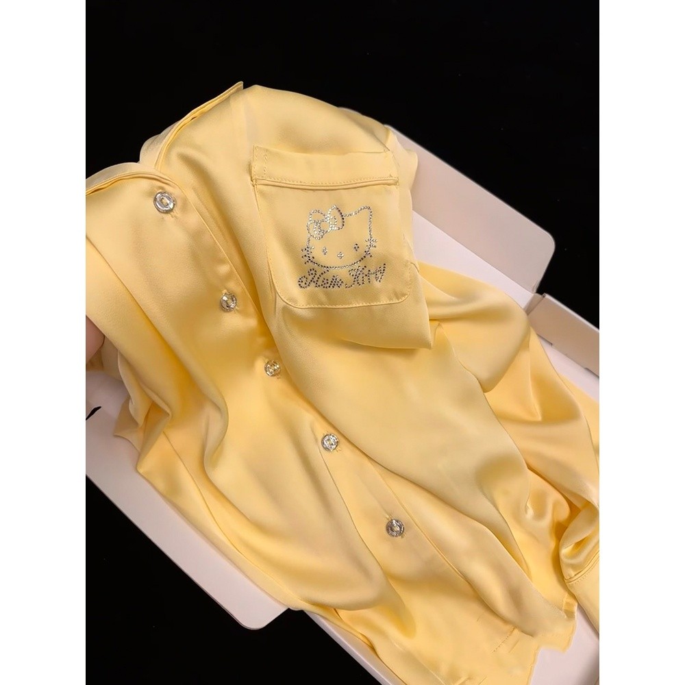 奶油黃kitty冰絲睡衣女款春秋長袖長褲燙鑽高階感絲綢家居服套裝-細節圖3