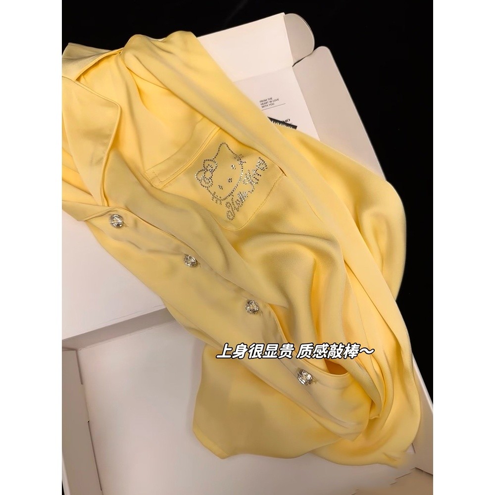 奶油黃kitty冰絲睡衣女款春秋長袖長褲燙鑽高階感絲綢家居服套裝-細節圖4