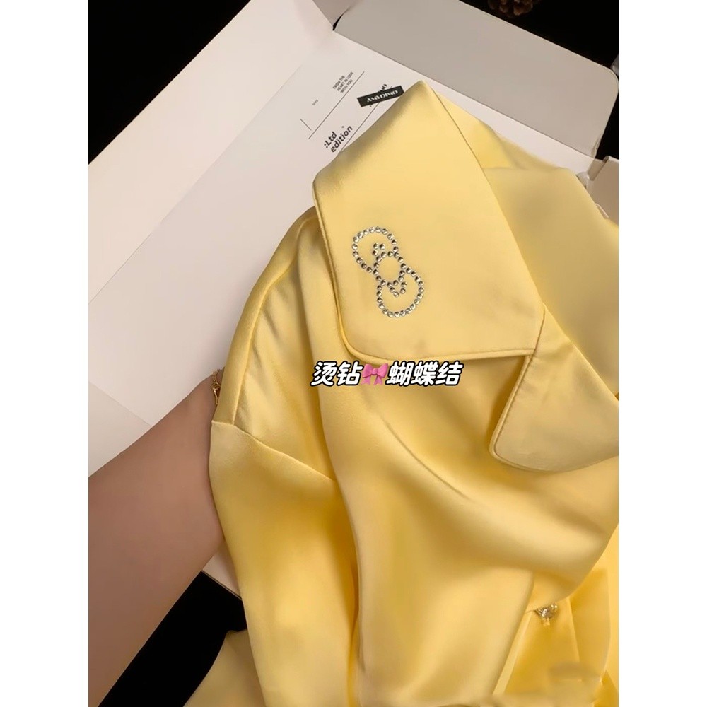 奶油黃kitty冰絲睡衣女款春秋長袖長褲燙鑽高階感絲綢家居服套裝-細節圖5