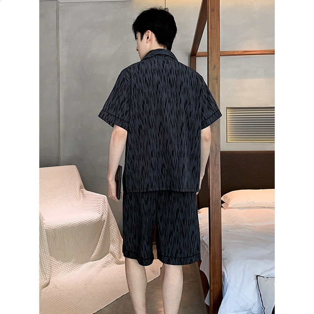 睡衣男夏季冰絲睡衣短袖短褲薄款男士男生夏天黑色家居服大碼套裝-細節圖4