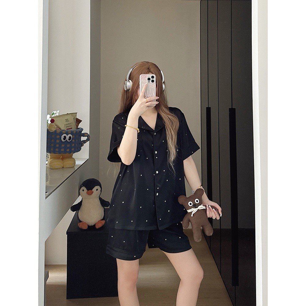 2026新款星星冰絲睡衣女春秋季夏天短袖黑色寬鬆高階感家居服薄款-細節圖2
