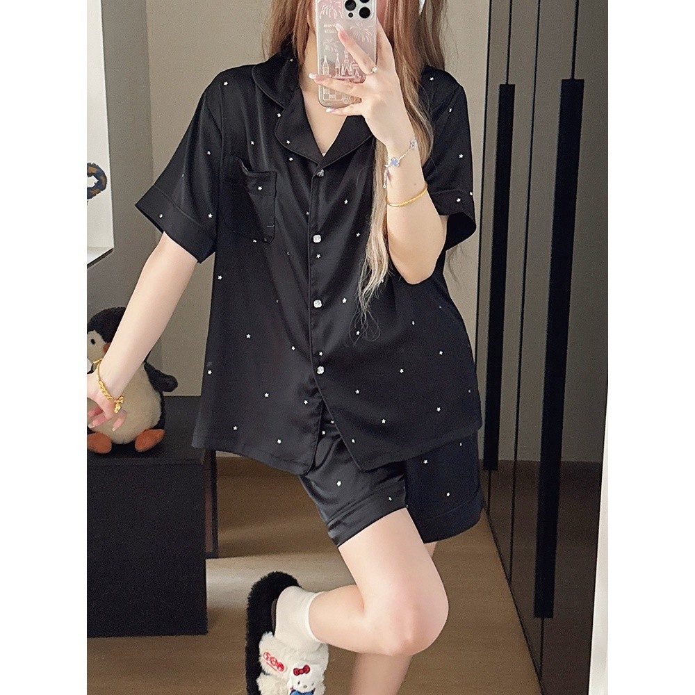 2026新款星星冰絲睡衣女春秋季夏天短袖黑色寬鬆高階感家居服薄款-細節圖4