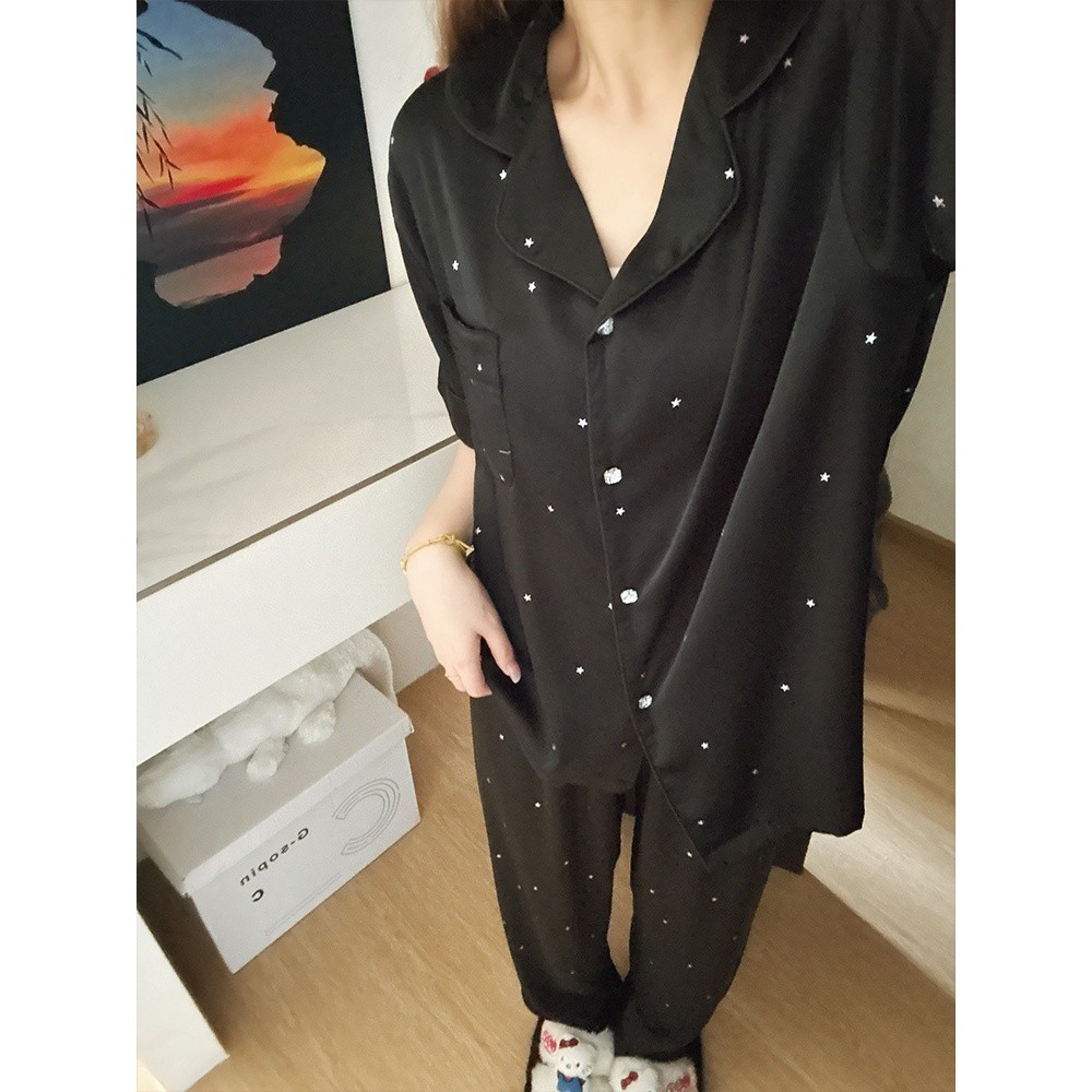 2026新款星星冰絲睡衣女春秋季夏天短袖黑色寬鬆高階感家居服薄款-細節圖5