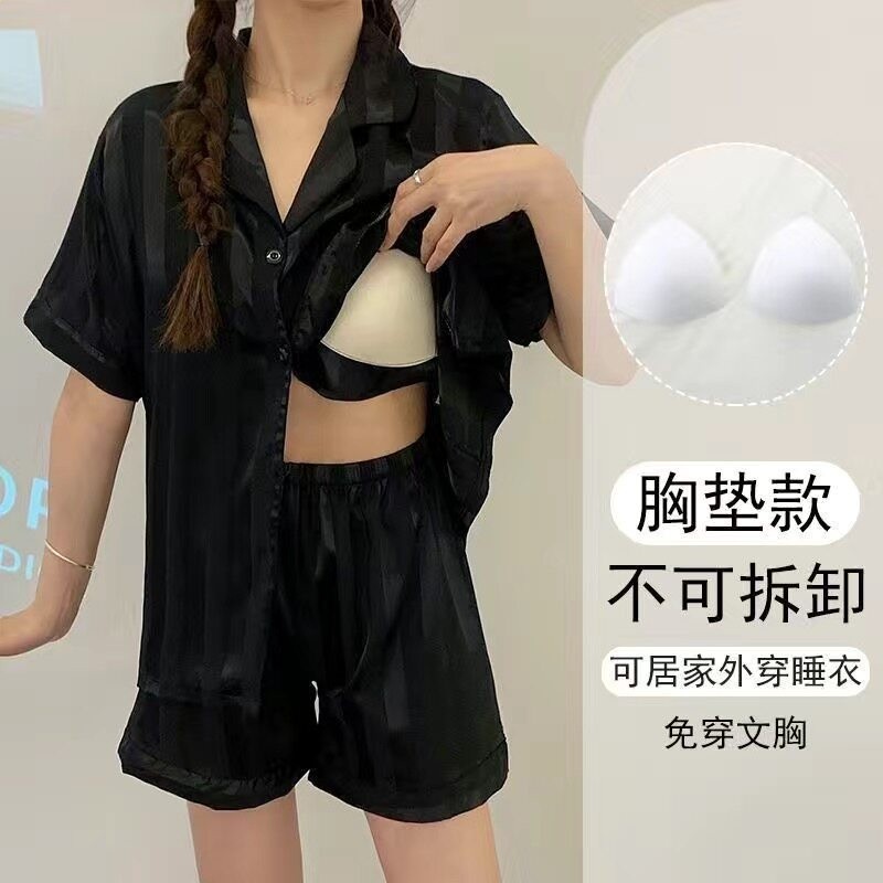 2026年新款冰絲睡衣女款夏季高階感短袖真絲帶胸墊大碼家居服套裝-規格圖5
