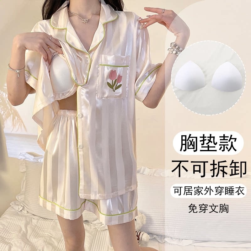 2026年新款冰絲睡衣女款夏季高階感短袖真絲帶胸墊大碼家居服套裝-規格圖5