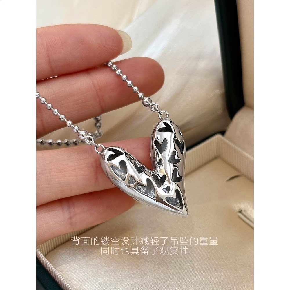 銀色鏤空碎冰冰愛心吊墜項鍊女小眾設計感百搭秋冬長款桃心毛衣鏈-細節圖5