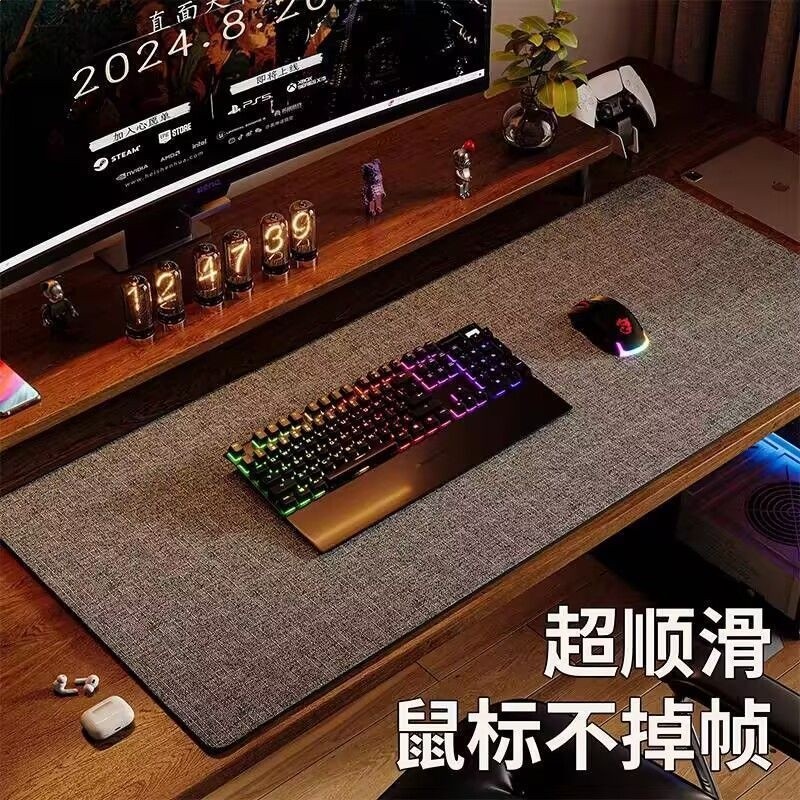 書桌墊電腦桌棉麻肌理皮革防水防油桌布寫字檯滑鼠墊辦公桌面墊-細節圖2