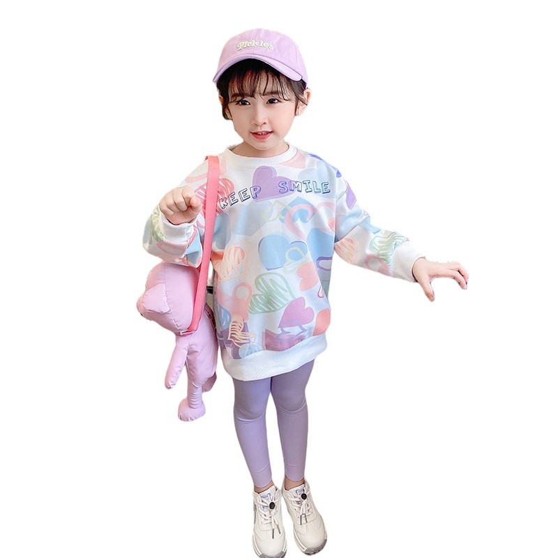 品牌清倉折扣童裝撿漏早春新款女孩長袖趣味塗鴉愛心衛衣中大童潮-細節圖2