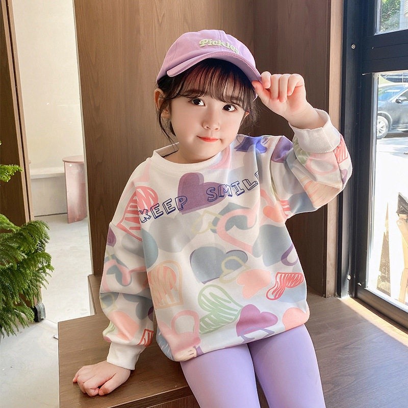 品牌清倉折扣童裝撿漏早春新款女孩長袖趣味塗鴉愛心衛衣中大童潮-規格圖5