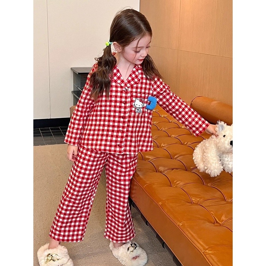 童裝女童韓版格子家居服春秋季新款兒童寶寶卡通可愛KT貓睡衣套裝-細節圖2