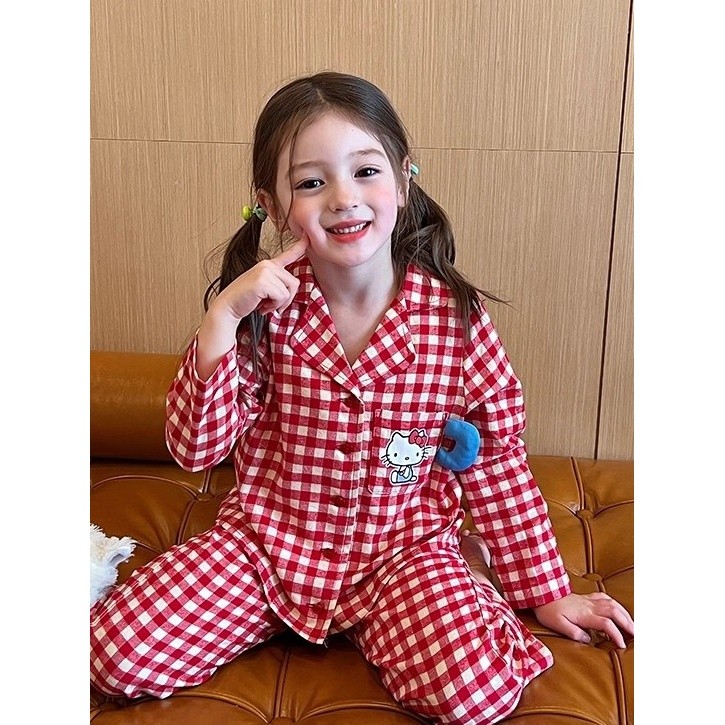 童裝女童韓版格子家居服春秋季新款兒童寶寶卡通可愛KT貓睡衣套裝-細節圖3