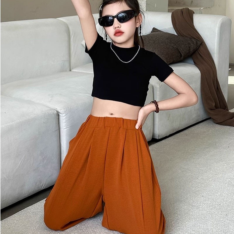 女童白色短袖夏季洋氣兒童裝短款爵士上衣露臍T恤街舞修身半袖潮-細節圖2