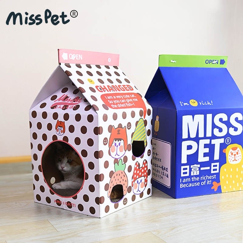 MISSPET廠家直供牛奶盒子貓抓板貓窩瓦楞紙貓盒子玩具房子磨爪器-細節圖4