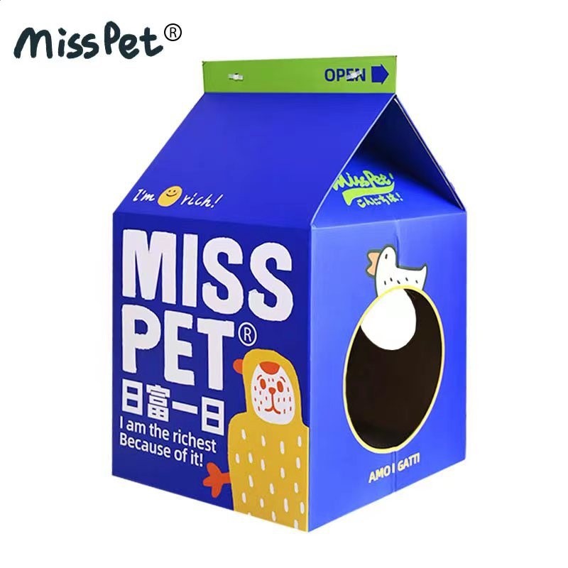 MISSPET廠家直供牛奶盒子貓抓板貓窩瓦楞紙貓盒子玩具房子磨爪器-規格圖5