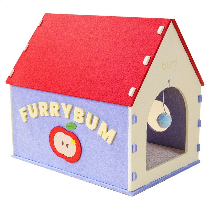 FURRYBUM紅房子毛氈貓窩可愛封閉式貓屋四季通用貓房子貓抓板睡墊-規格圖5
