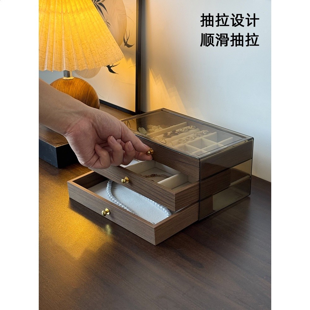 大容量首飾盒胡桃木紋防氧化高檔精緻戒指手鐲項鍊耳環專用收納盒-細節圖5