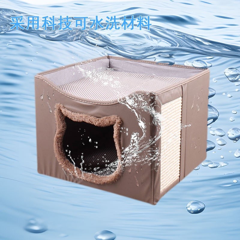 寵物四季窩貓狗雙層中型摺疊窩別墅寵物收納窩貓摺疊房子貓抓板窩-規格圖5