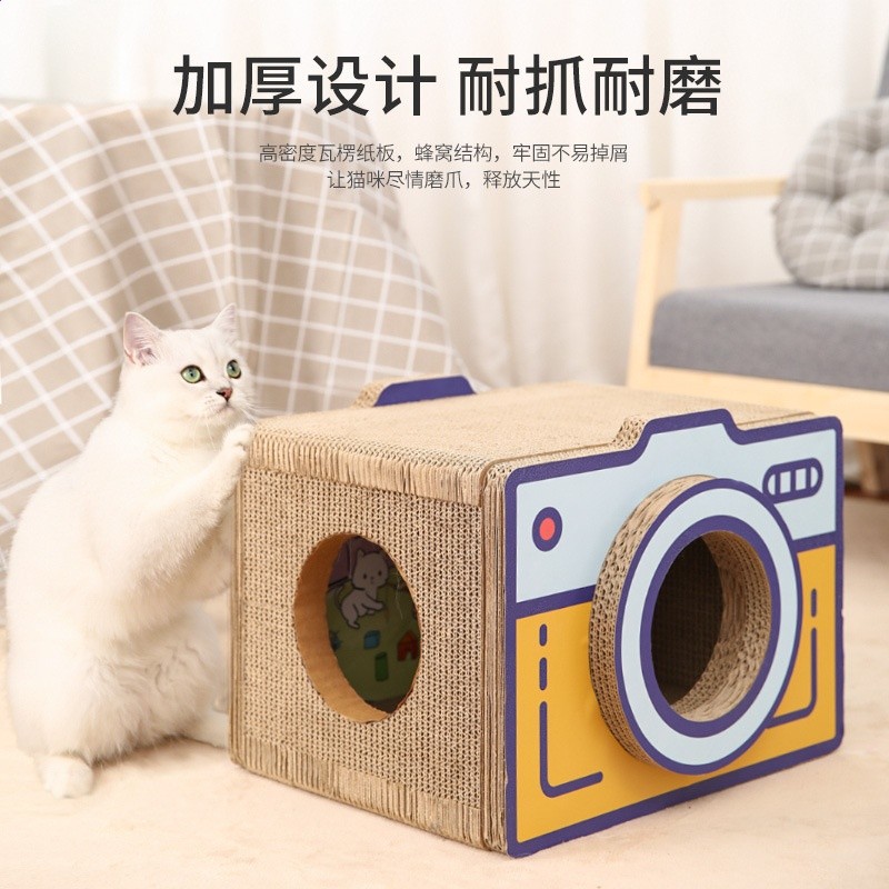 復古照相機貓抓板瓦楞紙不掉屑立式紙箱貓窩寵物貓玩具貓咪用品-細節圖4