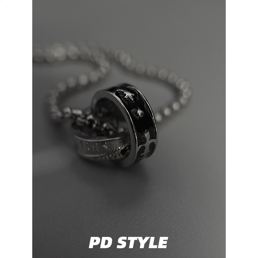 PDSTYLE黑白克洛花字母雙環項鍊輕奢小眾ins高階感男女生毛衣鏈潮-細節圖3