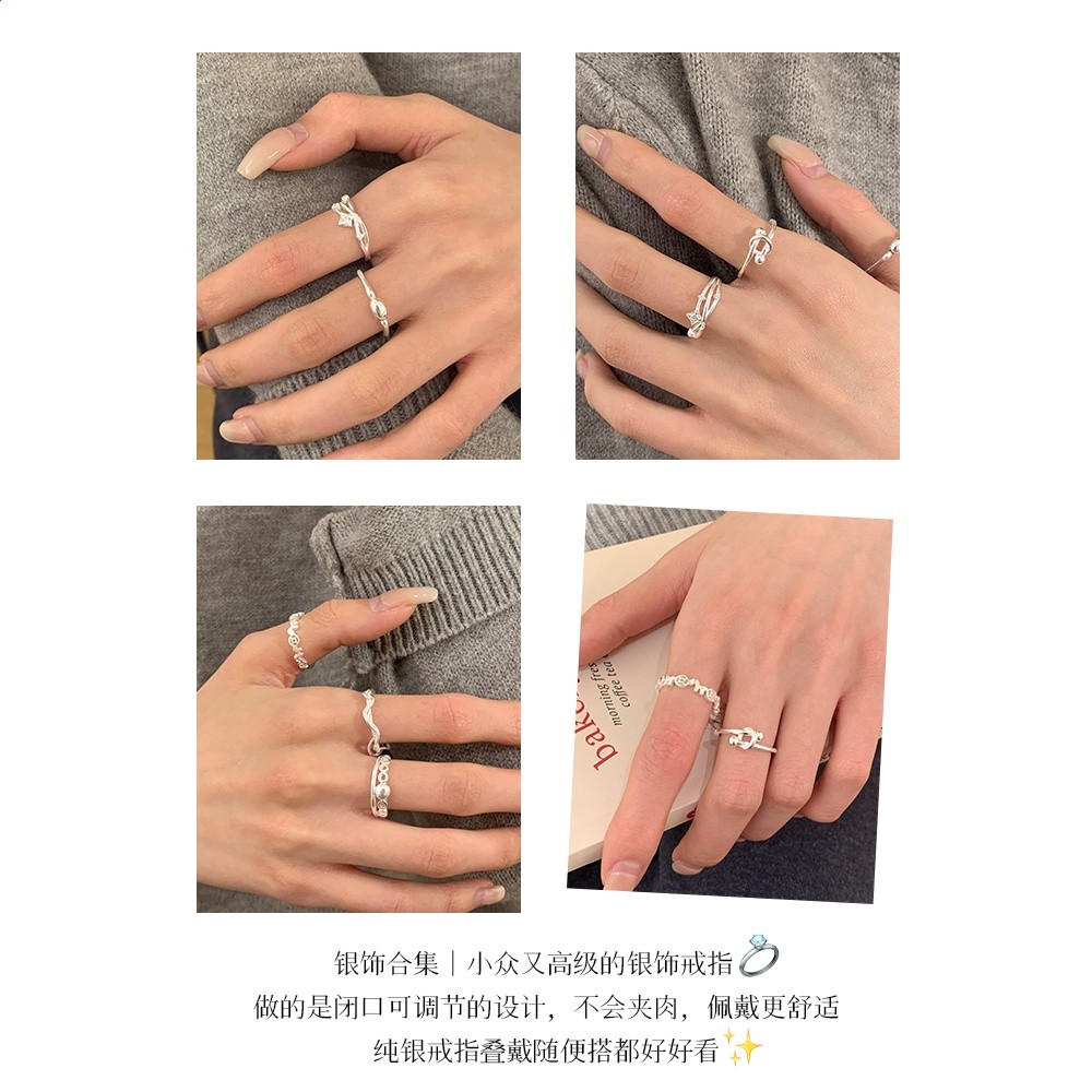為晚純銀幾何戒指合集疊戴女小眾設計食指戒高階獨特氣質銀飾指環-細節圖4