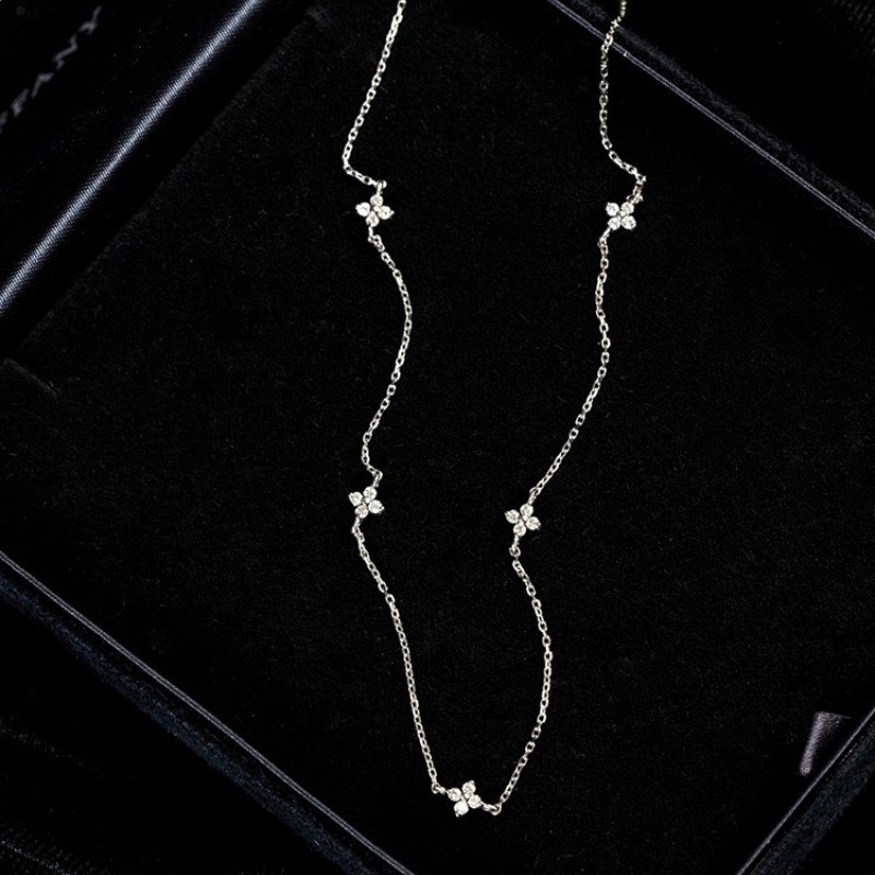 S925銀鍍18K金四葉草滿天星項鍊簡約鋯石純銀女款氣質優雅通勤盛-細節圖3