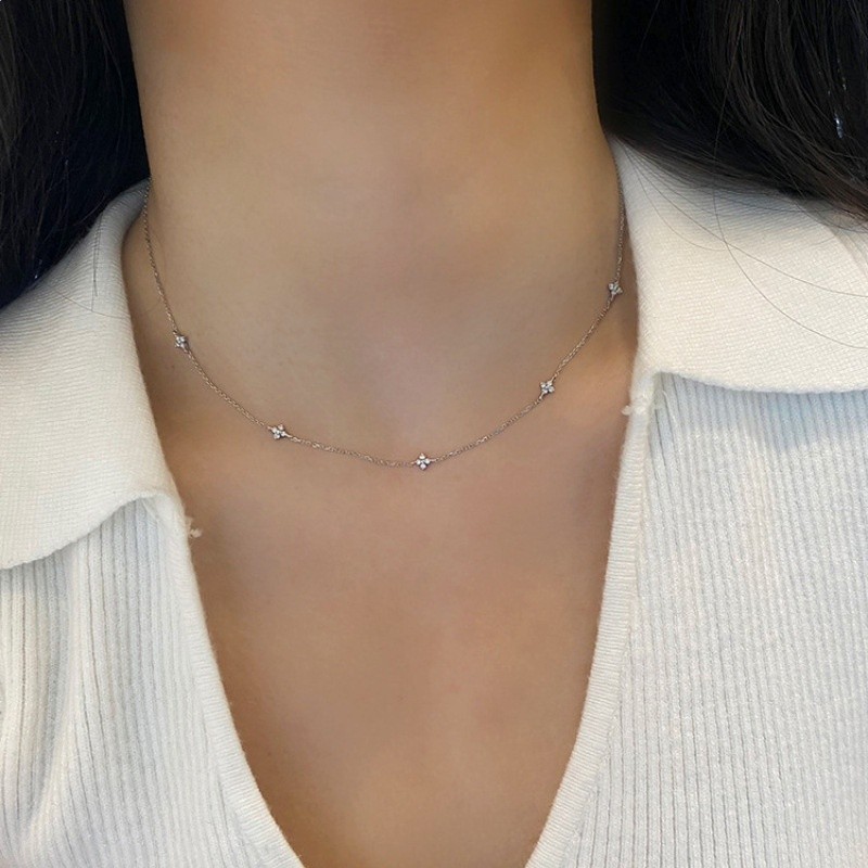 S925銀鍍18K金四葉草滿天星項鍊簡約鋯石純銀女款氣質優雅通勤盛-細節圖5
