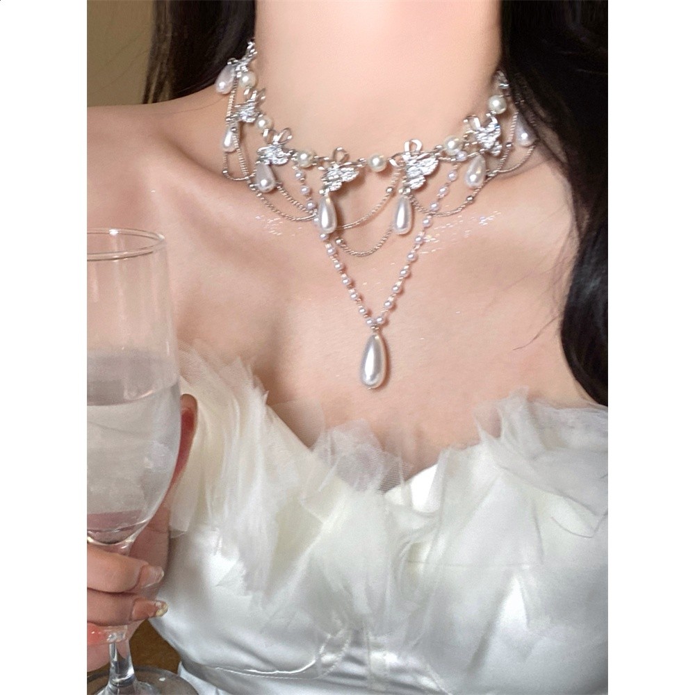 FANTAI鏤空蝴蝶流蘇珍珠項鍊女輕奢小眾精緻甜酷辣妹鎖骨鍊毛衣鏈-細節圖5