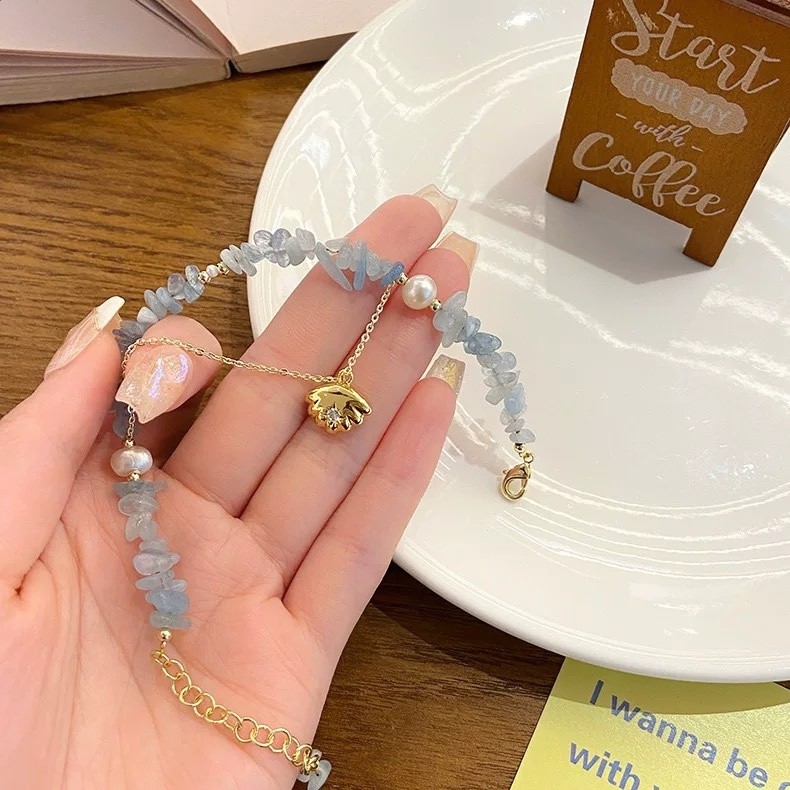 鹿西珠寶甜美女生優雅海藍寶碎石貝殼造型淡水珍珠手鍊項鍊手工-細節圖3