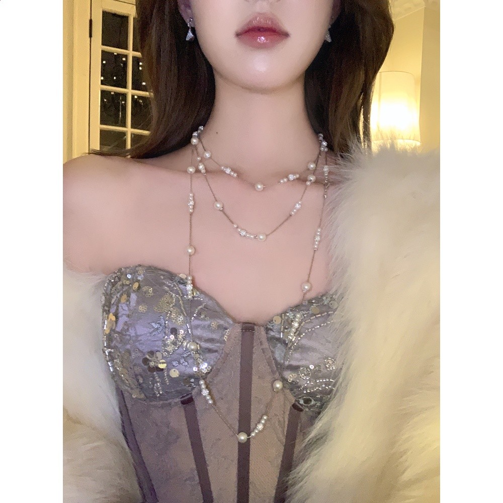 【蜜桃茶】氛圍感滿天星多層珍珠項鍊女長款疊戴秋冬高階千金配飾-細節圖2