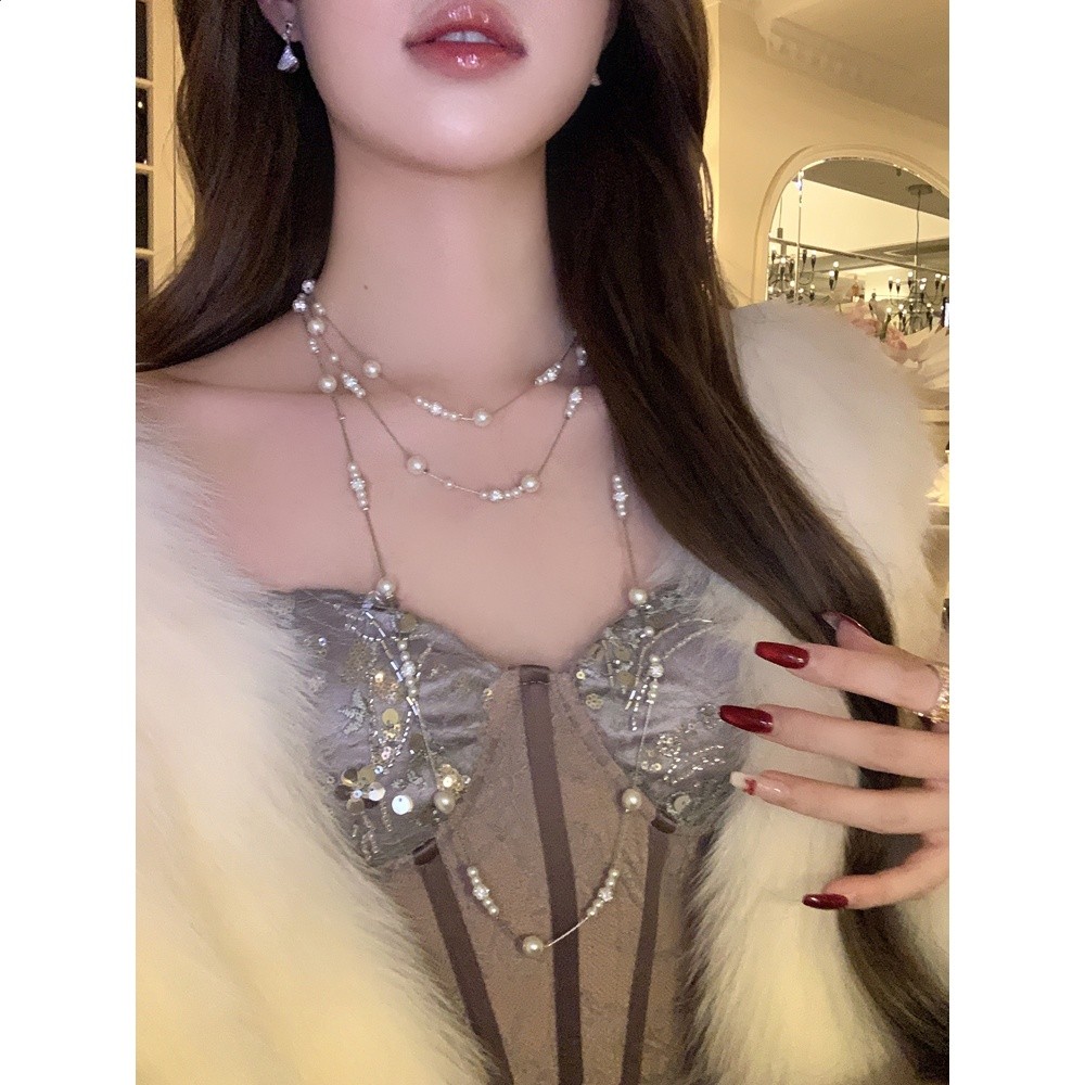 【蜜桃茶】氛圍感滿天星多層珍珠項鍊女長款疊戴秋冬高階千金配飾-細節圖3