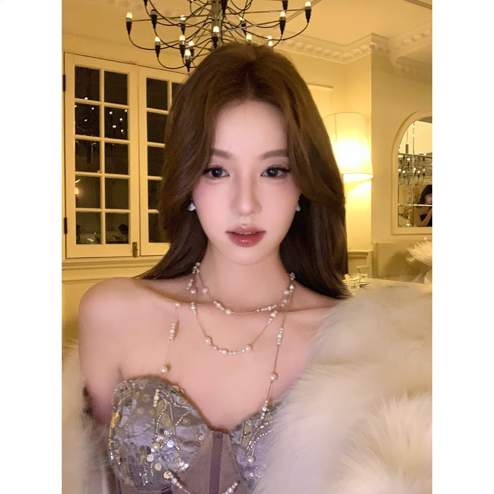【蜜桃茶】氛圍感滿天星多層珍珠項鍊女長款疊戴秋冬高階千金配飾-細節圖4