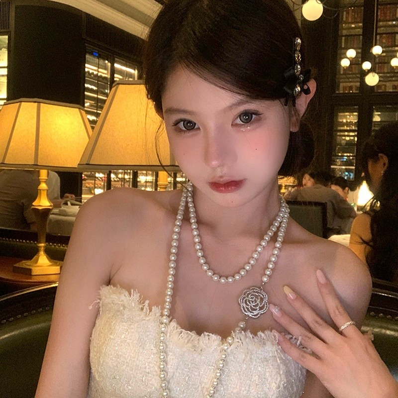 【蜜桃茶】氛圍感滿天星多層珍珠項鍊女長款疊戴秋冬高階千金配飾-規格圖4