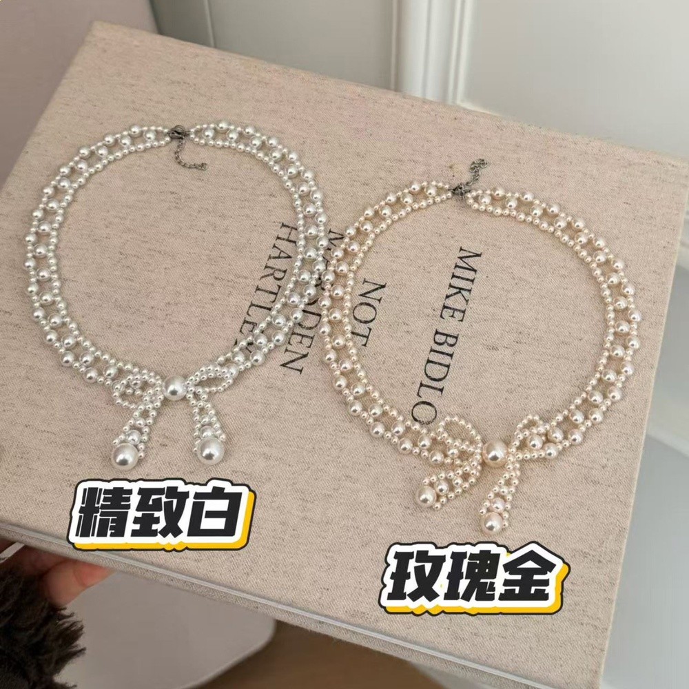 高定版！法式復古鏤空蝴蝶結choker施家珍珠項鍊女氣質頸鍊鎖骨鏈-細節圖5