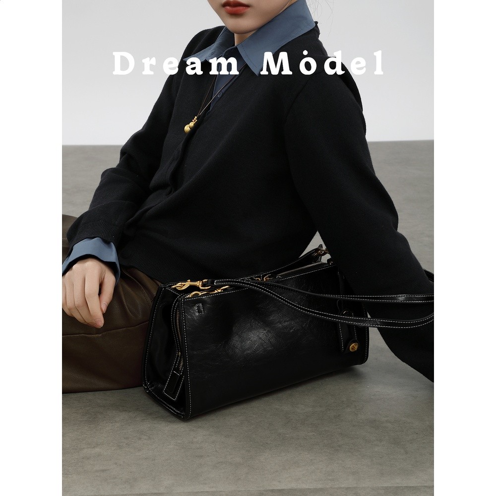 DreamModel通勤高階感油蠟皮法棍包女春季新款簡約百搭單肩斜挎包-細節圖2
