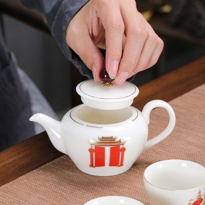 浮雕陶瓷羊脂玉白瓷茶壺 豬油白單壺 家用泡茶壺高檔玉瓷茶具茶壺-細節圖3