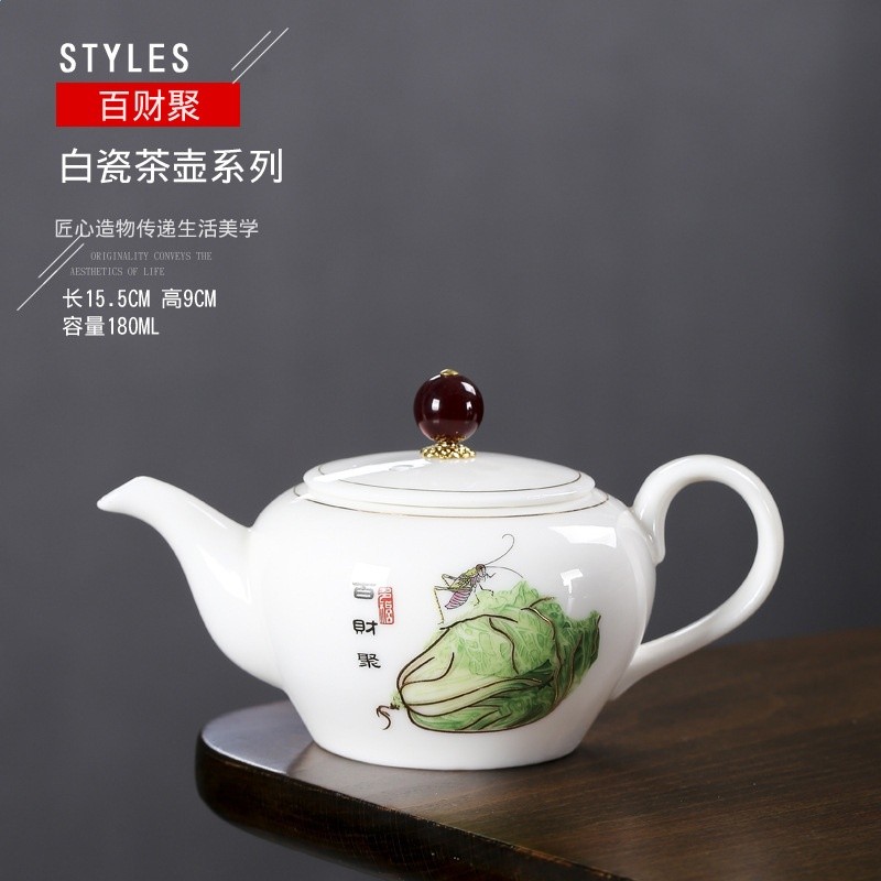 浮雕陶瓷羊脂玉白瓷茶壺 豬油白單壺 家用泡茶壺高檔玉瓷茶具茶壺-規格圖5