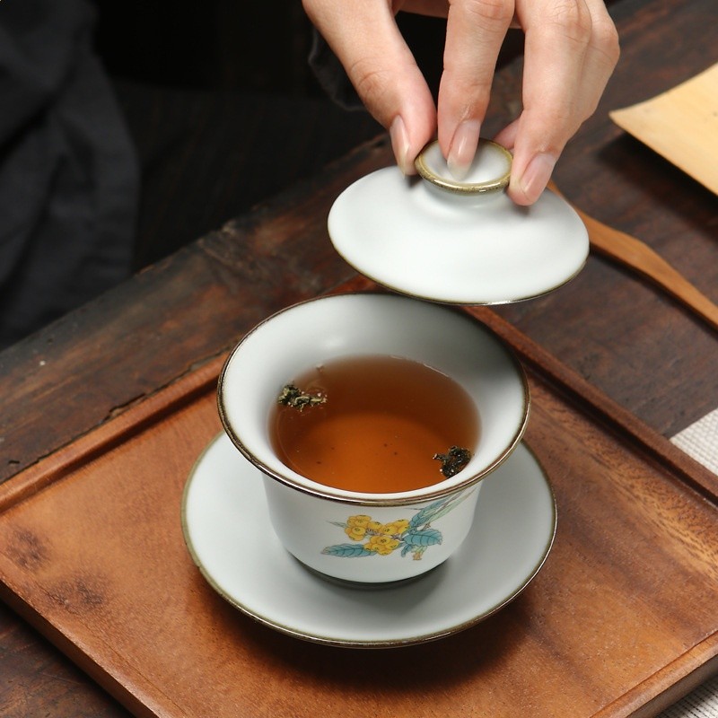 仿古月牙白汝窯茶具三才蓋碗功夫茶具開片大號陶瓷茶杯泡茶碗-細節圖2