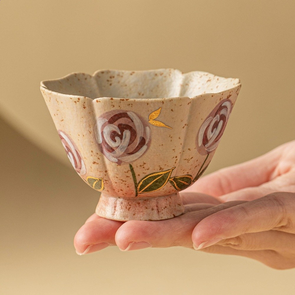 青花火石功夫茶杯茶盞描金玫瑰品茗杯個人專用主人杯陶瓷茶具單杯-細節圖3