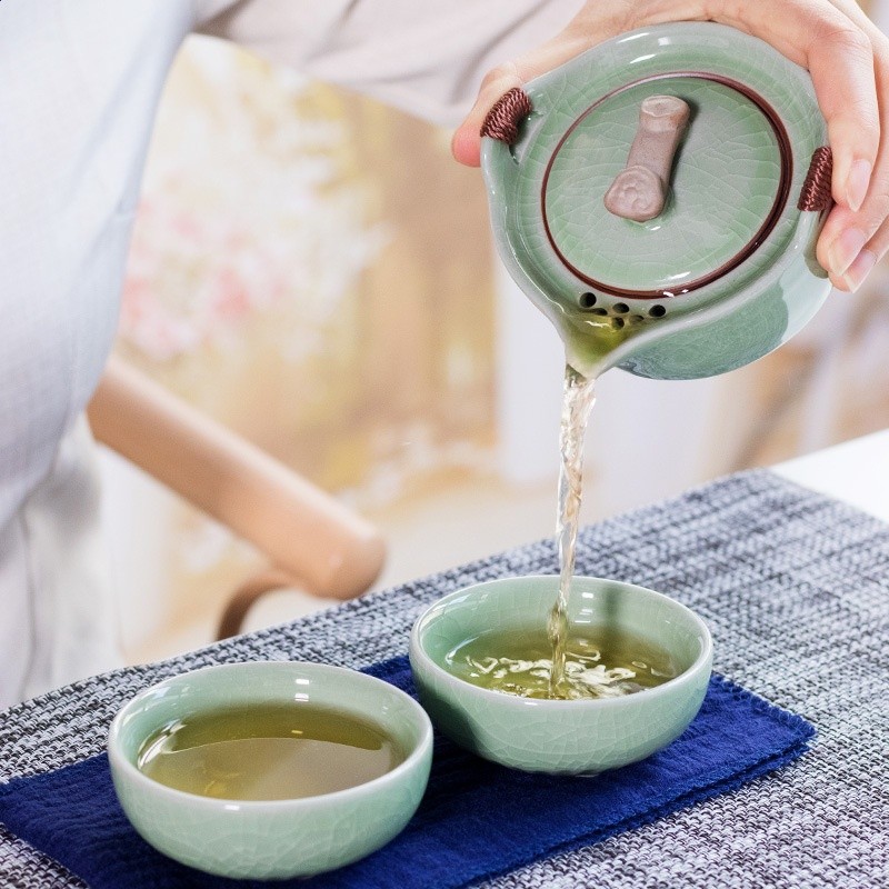 便攜快客杯一壺二杯汝窯手抓泡茶壺茶杯戶外遊簡易旅行茶具小套裝-細節圖2