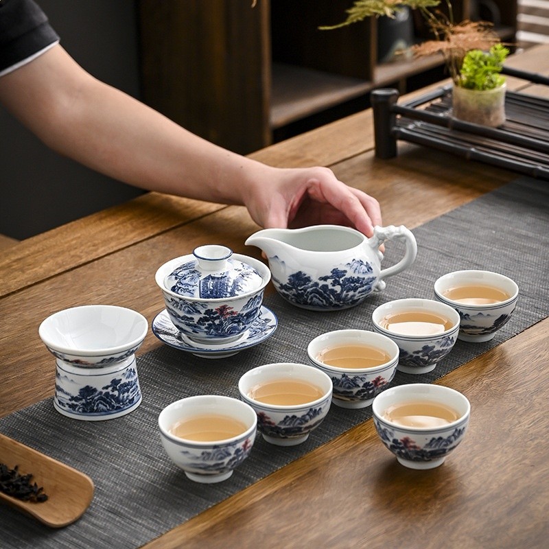 仿古青花蓋碗茶具套裝禮盒裝 復古國潮實用商務伴手茶具禮品批發-細節圖3