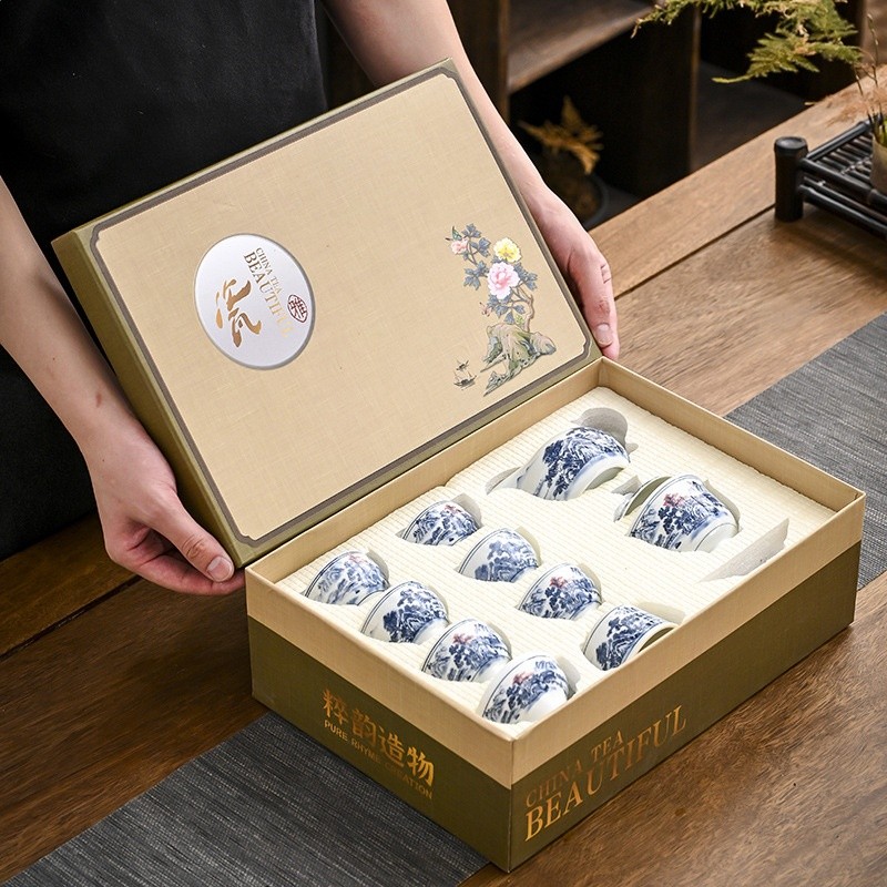 仿古青花蓋碗茶具套裝禮盒裝 復古國潮實用商務伴手茶具禮品批發-細節圖4