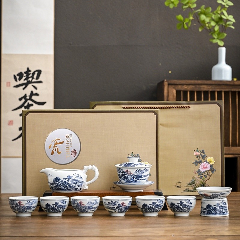 仿古青花蓋碗茶具套裝禮盒裝 復古國潮實用商務伴手茶具禮品批發-規格圖5