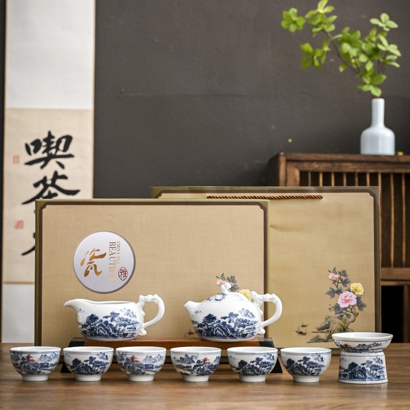 仿古青花蓋碗茶具套裝禮盒裝 復古國潮實用商務伴手茶具禮品批發-規格圖5